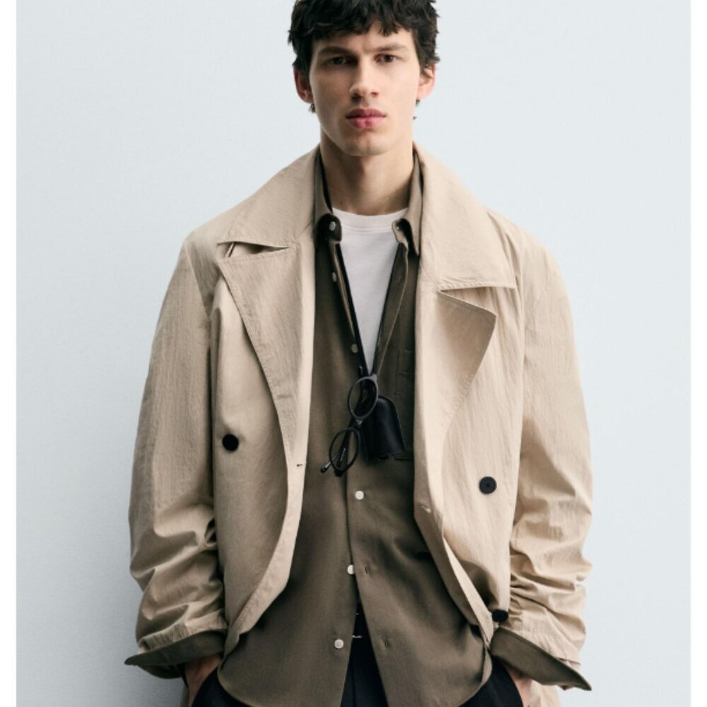 Zara Men's Oversized Fit Trench Coat Crinkle Tan Lightweight NWT S-M Size